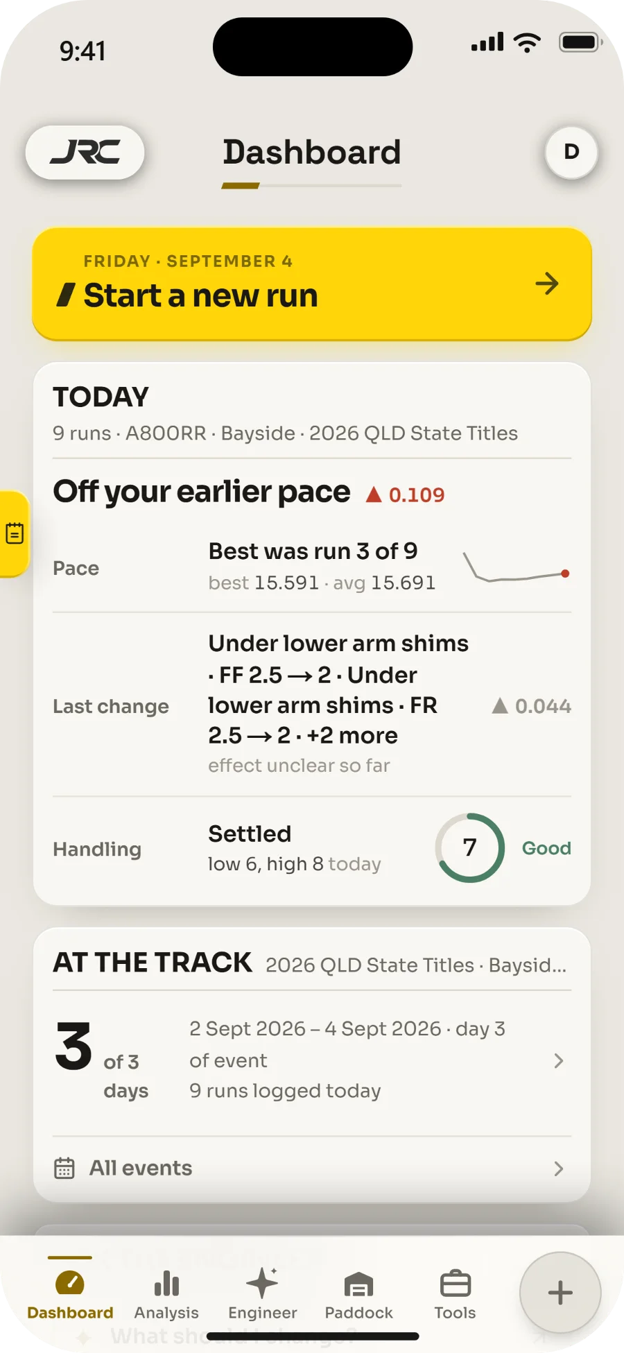 The Dashboard on race day: nine runs logged, best lap, last setup change and how the car felt