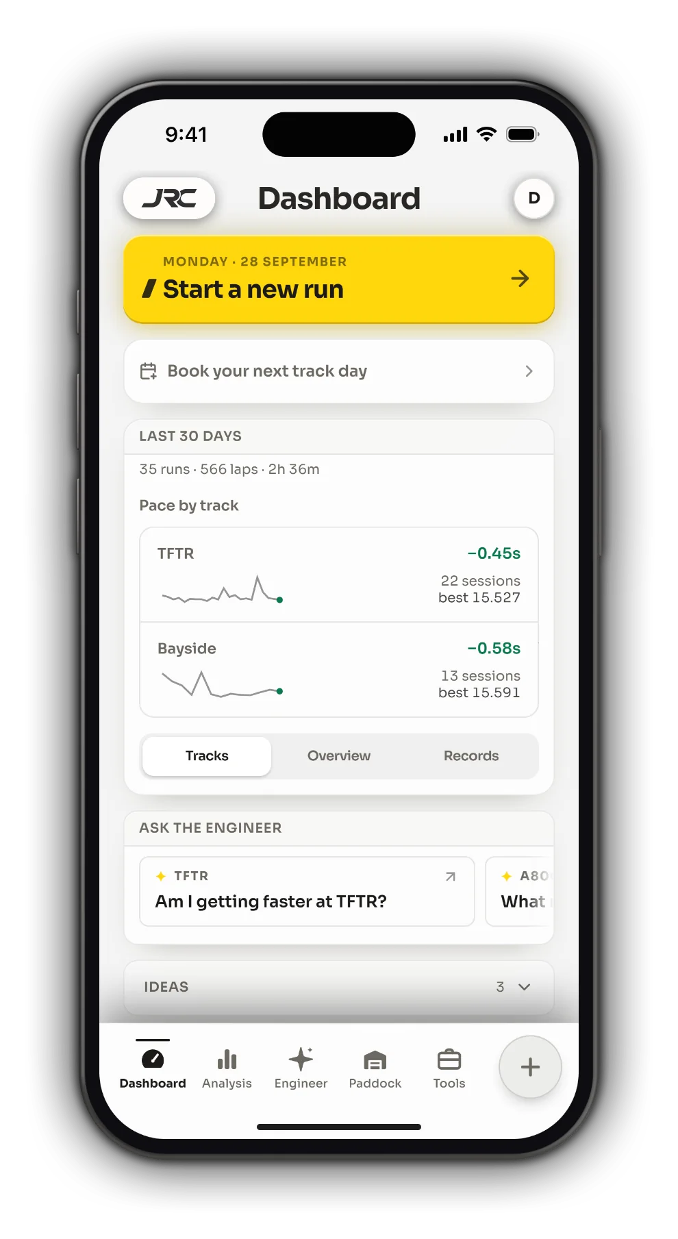 The Dashboard over a driver's season: pace at each track, quicker at TFTR and at Bayside